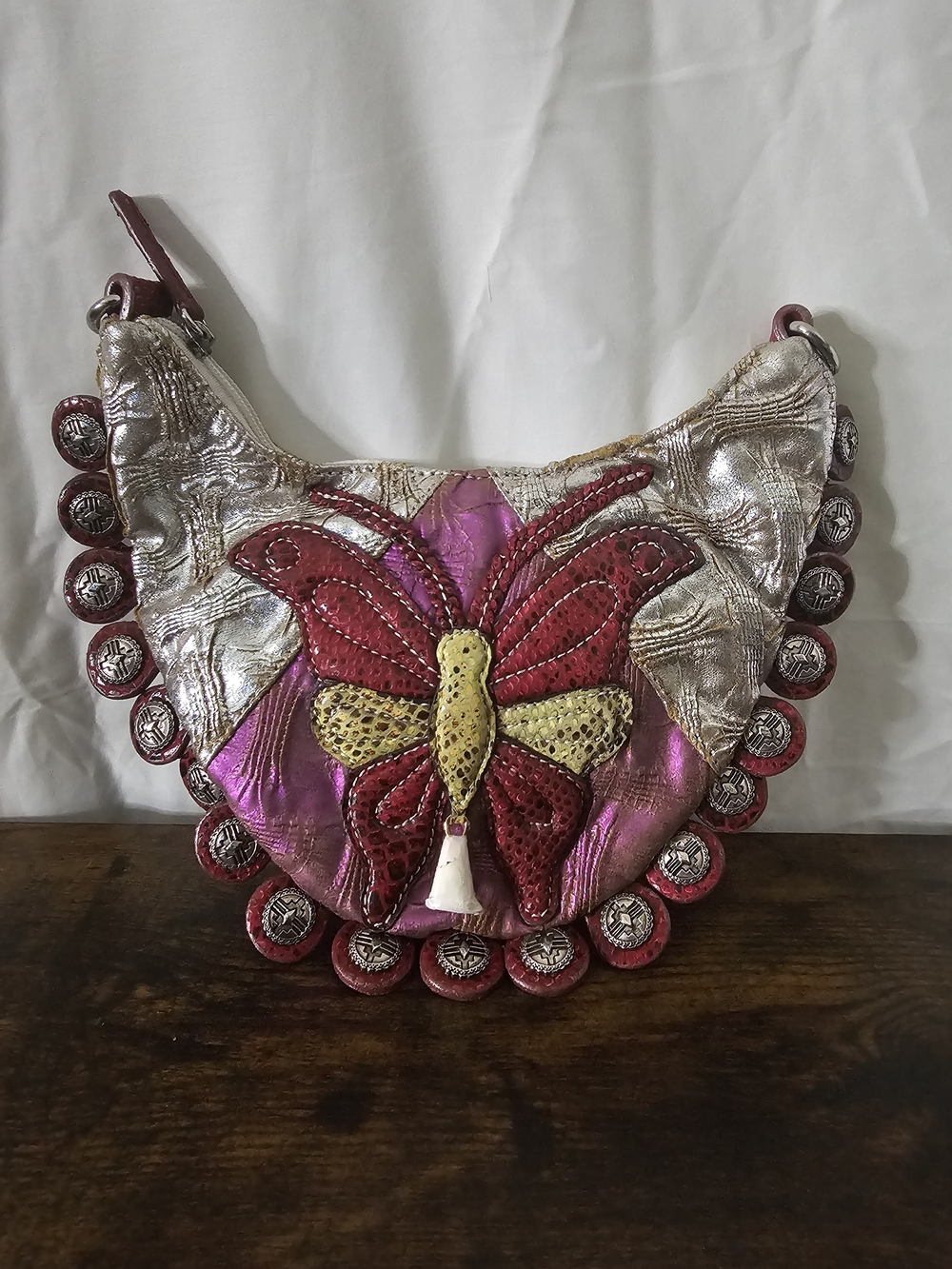 Women's Metallic Silver & Pink Butterfly Accent Shoulder Bag